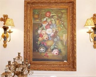 Gorgeous Old Painting and Pr. Tole and Gilt Fixtures