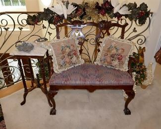 Darling Mahogany Ball and Claw Bench, Marble Top Table, Needlepoint Pillows