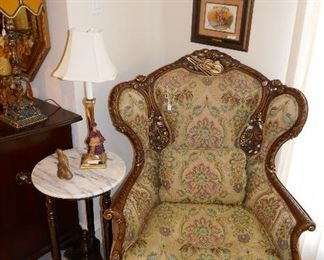 One of Pr. of Romweber Carved Chairs w/ matching footstools