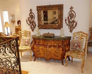 Fine set of 4 Gilt Carved Chairs, GORGEOUS Marble Top Louis XV Style Chest, Pr. Tole Candelabras