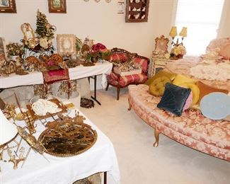 so many treasures, carved fancy French style chair, lots darling shabby chic frames, stands, trays and more