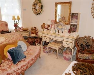 French Prov. Vanity w/ bench, carved French style chair, Mirrors inc. tole, porcelain and more