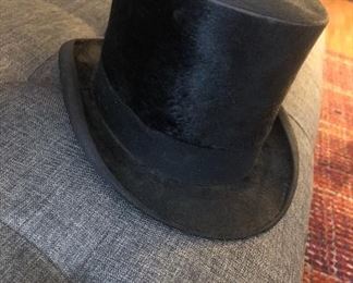 19th century beaver skin top hat in original case with intials on both! Key still works to box and sheep skin gloves