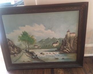 Original landscape painting with stream and mountains