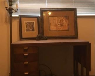 Desk, Two Pictures, Lamp, and Desk Decor