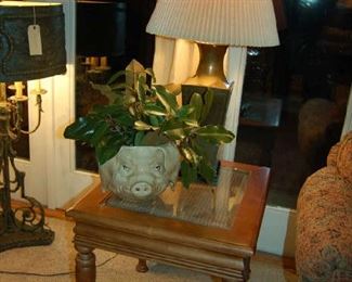 Ceramic pig planter and brass lamp