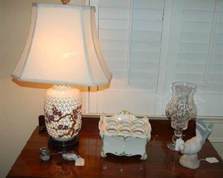 Pair of filigree ceramic lamps