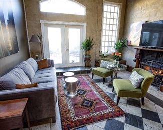 Velvet Sleeper sofa, Green contemporary chairs, 65" TV