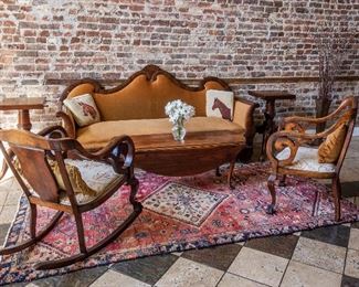 Velvet Mahogany Empire Sofa and Three Mahogany Chairs, Traditional hand tufted oriental.