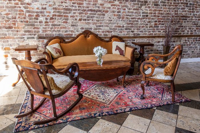 Velvet Mahogany Empire Sofa and Three Mahogany Chairs, Traditional hand tufted oriental.