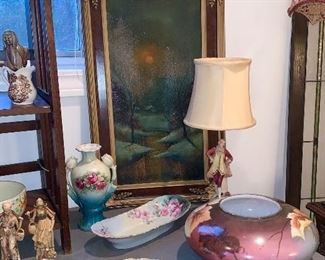 All here: Vintage, pair of pictures in magnificent frames.  Hand painted dishes, Figural Lamps