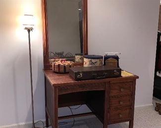 Small wooden desk - East Lake mirror - floor lamp
