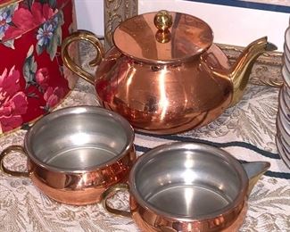 Copper ware-Tea pot, creamer and sugar