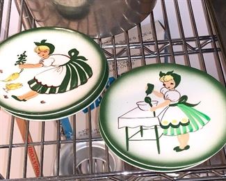 2 of 4 vintage chore plates - Gardening, Cooking