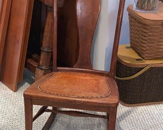 Vintage wooden rocker w/leather in seat 