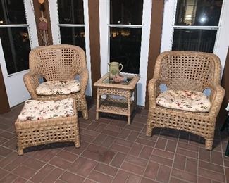 Wicker set -Pair of Armchairs-Ottoman and cushions