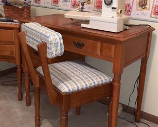 1 of 2 Maple electric sewing tables w/matching chair  and Kenmore sewing machine 