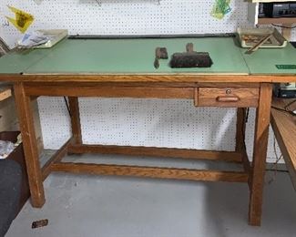 Wonderful Vintage Hamilton Oak Drafting table w/matching work table