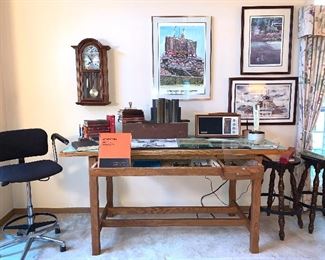 Vintage grafting table and vintage drafting items and blue prints 