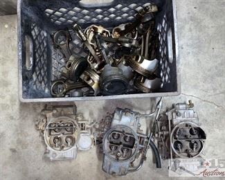 134: 3 Carburetors and Tote of Pistons
3 Carburetors and Tote of Pistons