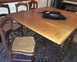 Antique drop-leaf table stand-alone dimensions 3’6”x2’; leaf dimensions 3’6”x1’2"; chairs