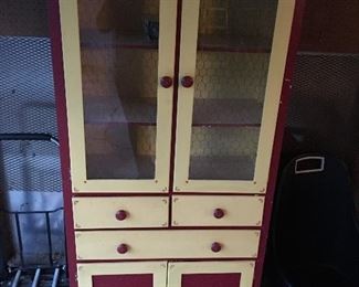 Antique painted Cabinet with embedded chicken wire in glass. Very nice