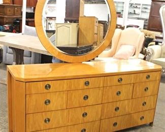  Burl Maple “Baker Furniture” Banded and Inlaid 12 Drawer Low Chest with Round Mirror 