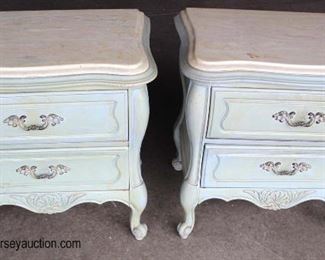 French Provincial “Hickory Manufacturing Co.” Paint Decorated Marble Top 2 Drawer Night Stands 