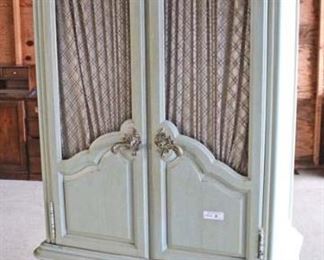  French Provincial “Hickory Manufacturing Co.” Paint Decorated Marble Top Low Chest and Fitted Interior Armoire 