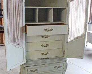  French Provincial “Hickory Manufacturing Co.” Paint Decorated Marble Top Low Chest and Fitted Interior Armoire 