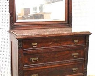  ANTIQUE Burl Walnut Carved 3 Piece Marble Top Victorian Full Size Bedroom Set with Lockside High Chest and Tennessee Brown Marble in the Original Finish 