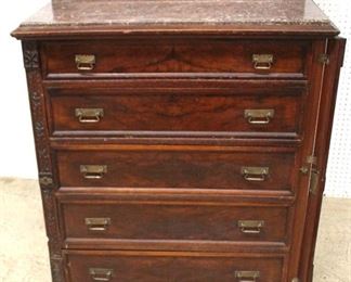  ANTIQUE Burl Walnut Carved 3 Piece Marble Top Victorian Full Size Bedroom Set with Lockside High Chest and Tennessee Brown Marble in the Original Finish 