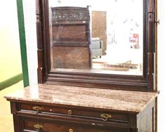  ANTIQUE Burl Walnut Carved 3 Piece Marble Top Victorian Full Size Bedroom Set with Lockside High Chest and Tennessee Brown Marble in the Original Finish 