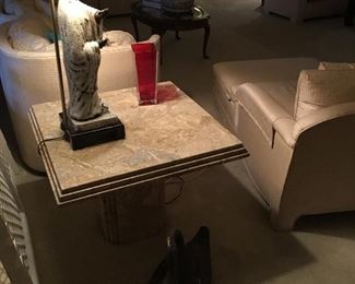 Marble side tables and all types of lighting.