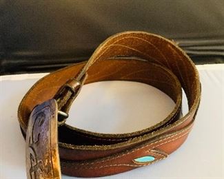 Men's Belt, Sterling Buckle, Turquoise accent