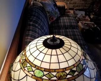 Early American style Couch and Loveseat, embroidered nubby upholstery....Mint condition! Pair of vintage tiffany reproduction slag glass lamps, solid wood Oak endtables and coffee table