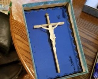 Art Deco cobalt glass wall crucifix...orig old box