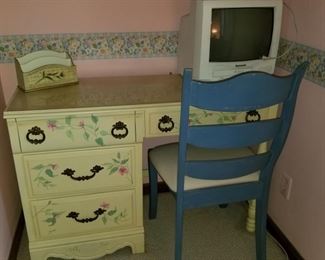 Hand Stenciled Painted desk and Chair - very pretty set Beachy boho Paris Chic set!