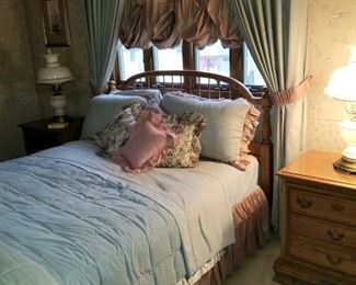 Solid Oak Queen size bedroom set...MINT CONDITION with New Mattresses, twin bedside stands, tall boy and Lowboy dressers....all curtains, swags, comforters, sheets and decorator Pillows 