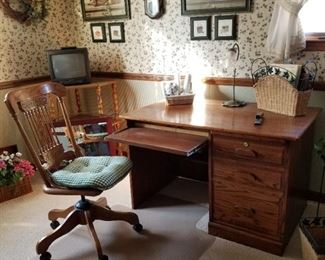 Solid Wood desk with pull out for computer keyboard,  beautiful hand carved Oak bankers chair 