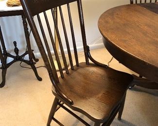 21	Round oak dining table (no leaves) 48" diameter with 4 rolling chairs. Table top as is condition.	 $100.00 	 