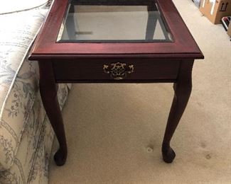 15	End table with faux drawer, Queen Anne legs and glass top 19.5"27"x21"	 $25.00 	  
