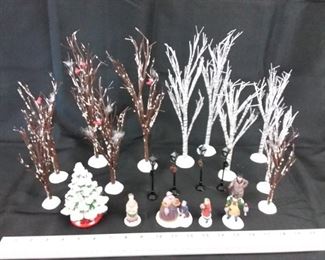 Lot of Department 56 Village Figures, Lamps and Trees