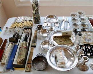 Selection of vintage sterling silver and silver-plate.  American silver coins, and foreign coins from around the world. Asian Fans