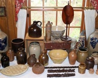 Significant selection of antique decorated stoneware crocks and vessels including pieces from W.T. Wright, Kennett Square, Montell, White & Son, and others. 
