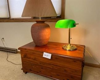 Solid Wood Cedar Chest on Wheels and Two Lamps