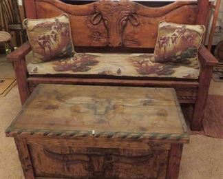 Carved longhorn bench, coffee table trunk