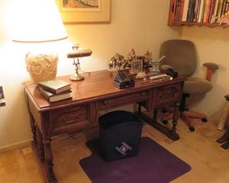 Desk, elephant lamp, bookends