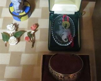 Limoges trinket box, Reed & Barton pharoah bracelet