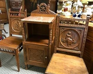 Lovely French Breton side chairs & cabinet with peacock carvings
